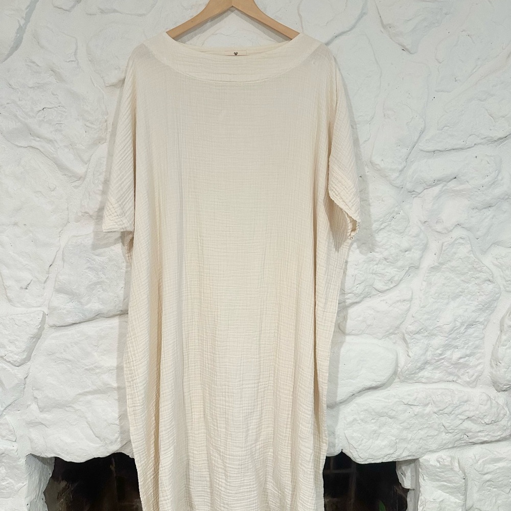 Ikikiz Designer Crinkle Cotton OS Cream Textured Maxi Dress